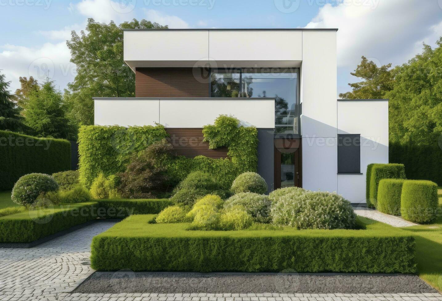 contemporain maison avec vert haie et parterres de fleurs. biologique et naturaliste compositions avec moderniste sensibilité. ai généré photo