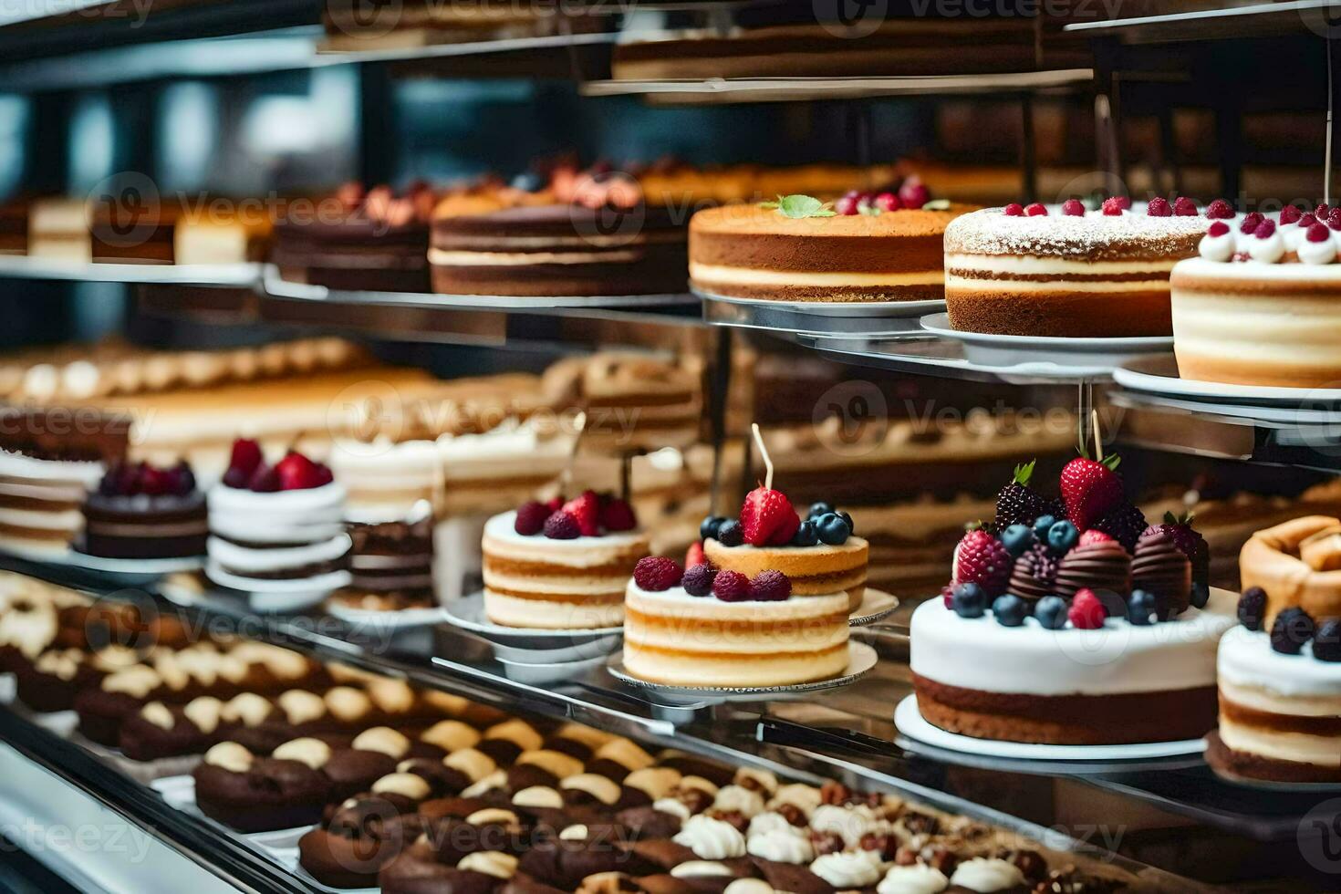 beaucoup différent les types de Gâteaux sont sur afficher dans une boulangerie. généré par ai photo