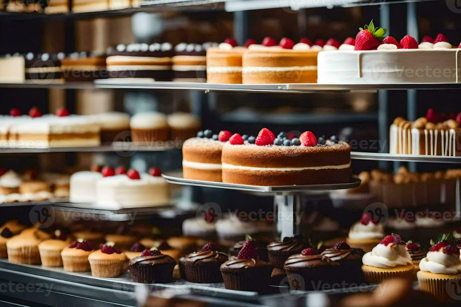 beaucoup différent les types de Gâteaux sont sur afficher dans une boulangerie. généré par ai photo