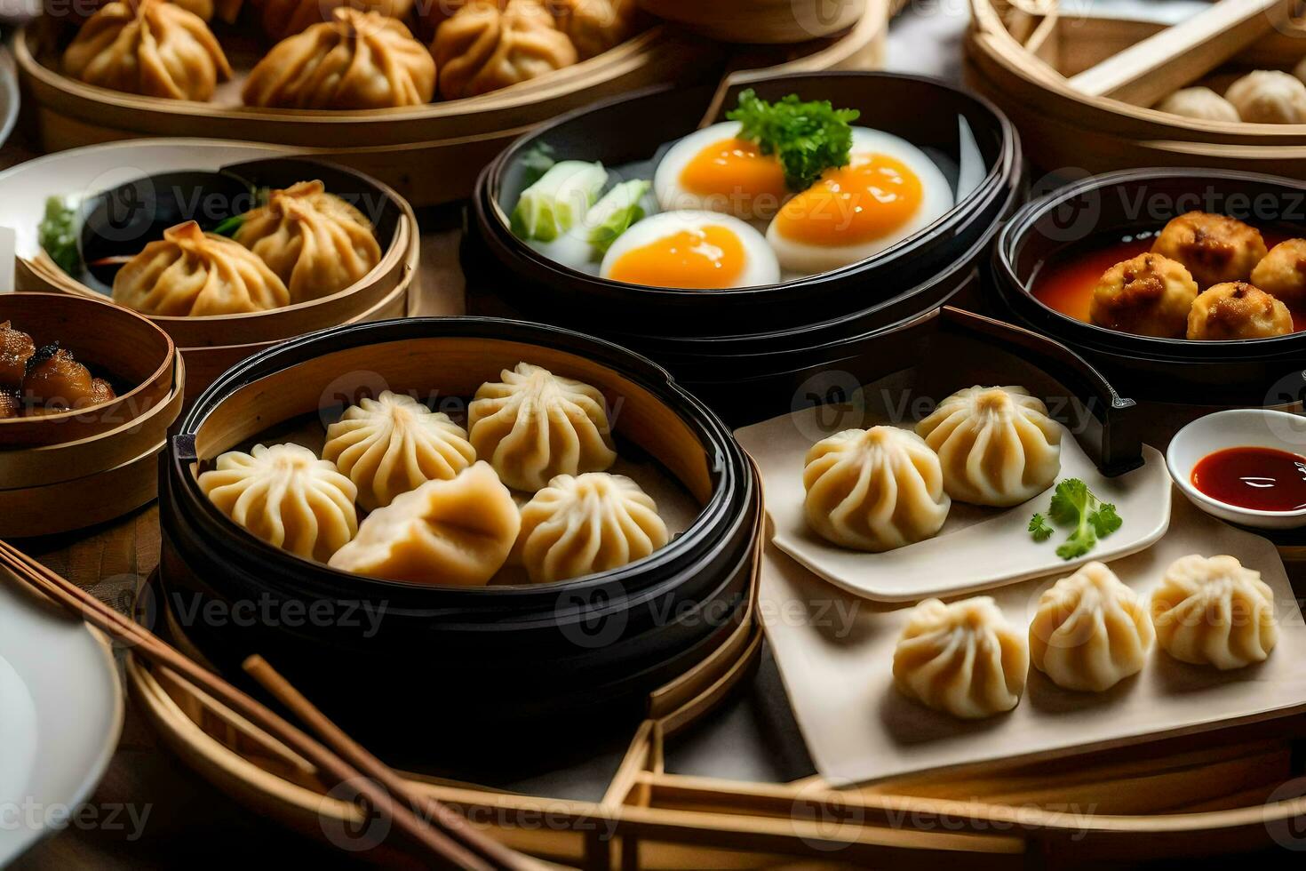 une variété de Dumplings et autre nourriture dans bambou paniers. généré par ai photo