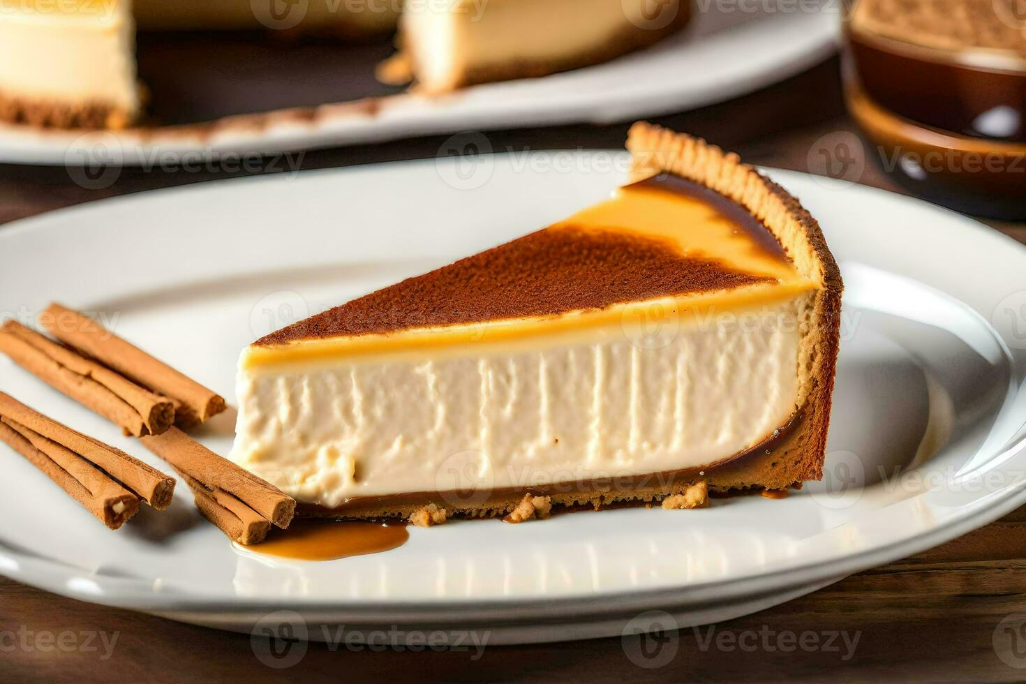 une tranche de cheesecake sur une assiette avec cannelle des bâtons. généré par ai photo