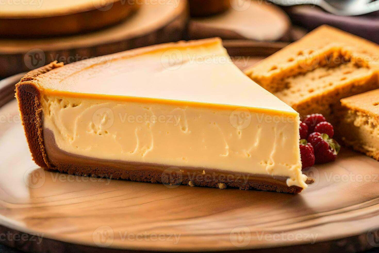 une tranche de cheesecake sur une en bois plaque. généré par ai photo