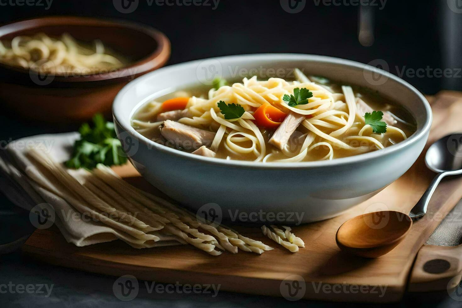 poulet nouille soupe dans une bol. généré par ai photo