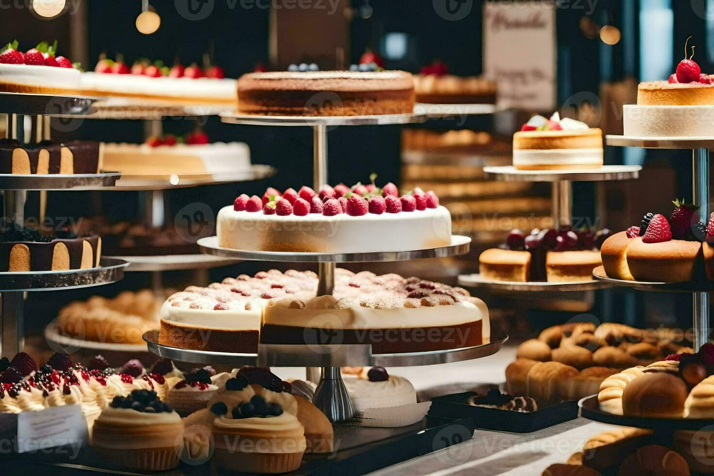 beaucoup différent les types de Gâteaux sont sur afficher dans une boulangerie. généré par ai photo