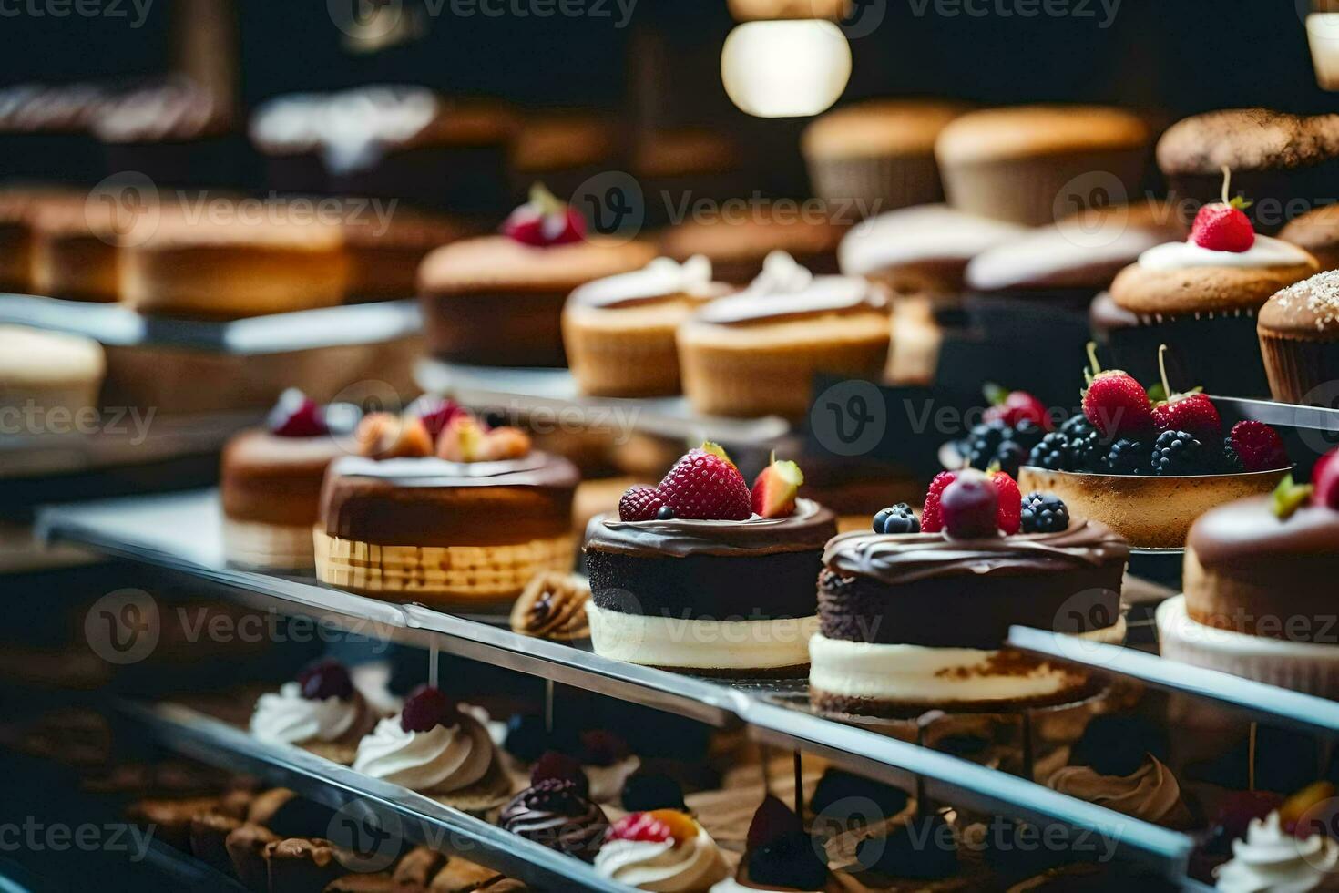 beaucoup différent les types de Gâteaux sont sur afficher dans une boulangerie. généré par ai photo