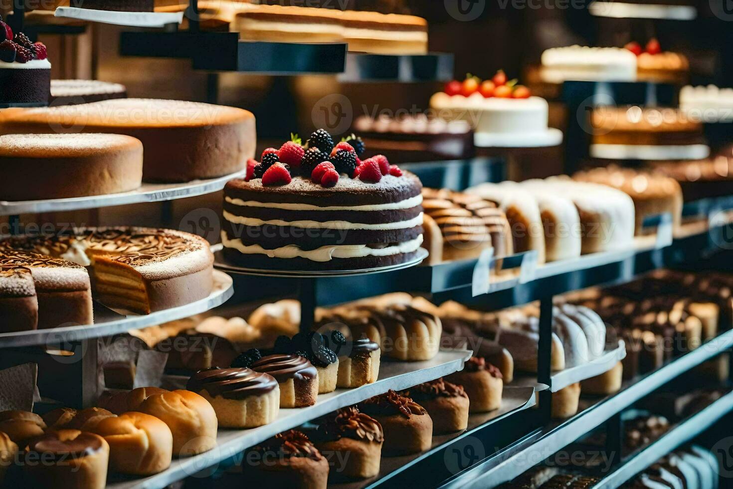 beaucoup différent les types de Gâteaux sont sur afficher dans une boulangerie. généré par ai photo