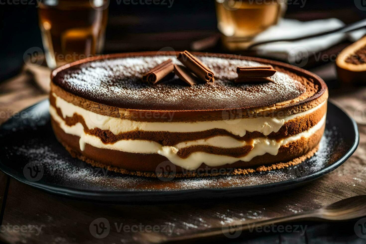 une gâteau avec Chocolat et crème sur une noir plaque. généré par ai photo