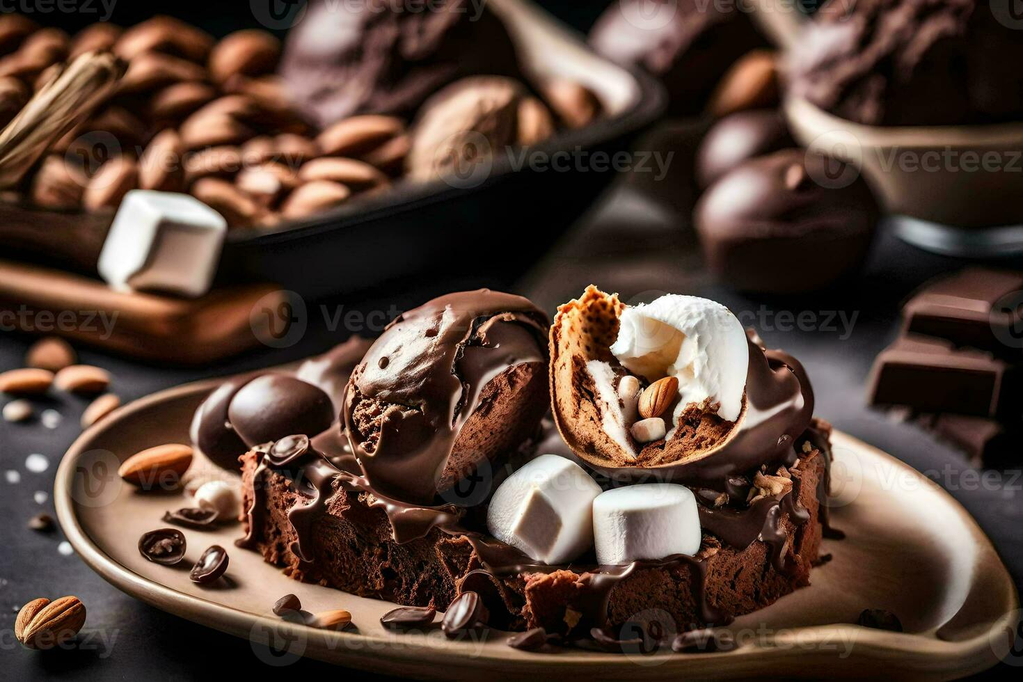 Chocolat et des noisettes sur une plaque. généré par ai photo