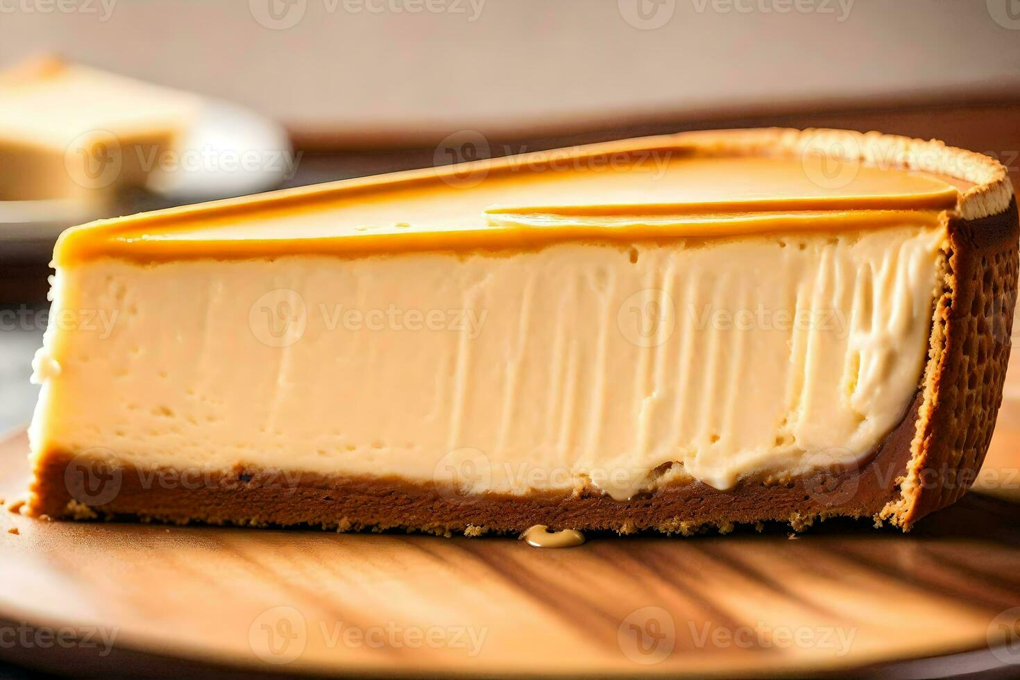 une tranche de cheesecake sur une en bois plaque. généré par ai photo