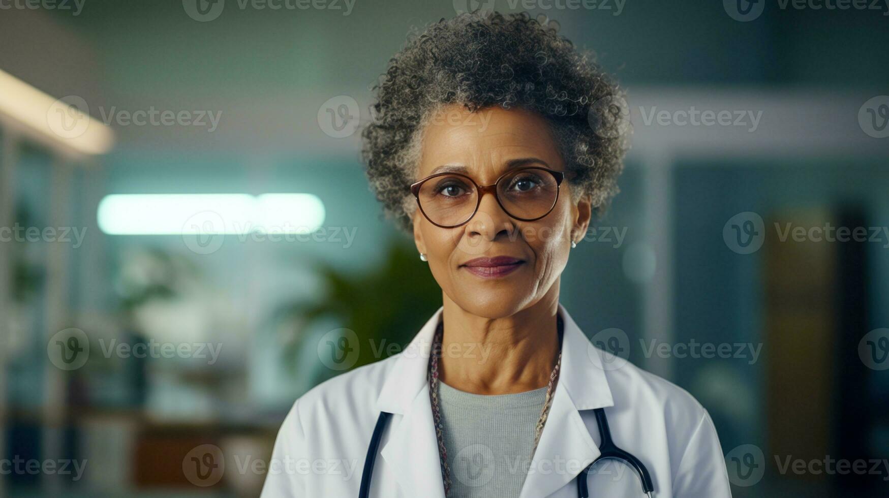 afro américain professionnel femelle médecin avec stéthoscope. ai génératif photo