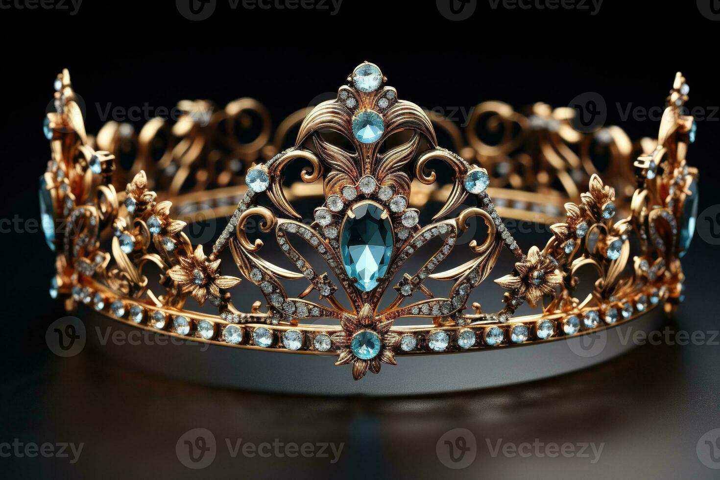 élégant d'or couronne avec bleu précieux des pierres sur une foncé Contexte. généré par artificiel intelligence photo