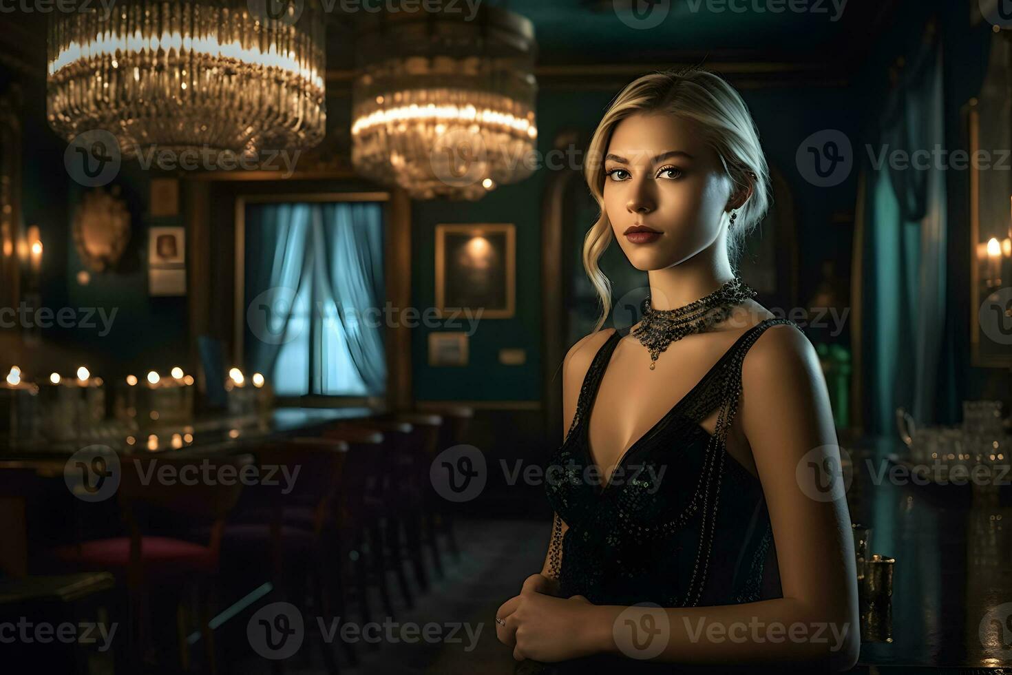 magnifique Jeune blond dans une luxe restaurant. neural réseau ai généré photo