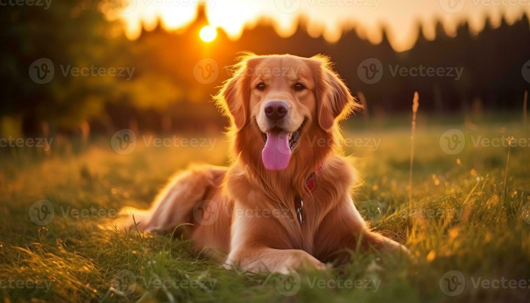 d'or retriever chien séance dans le herbe à le coucher du soleil ai généré photo