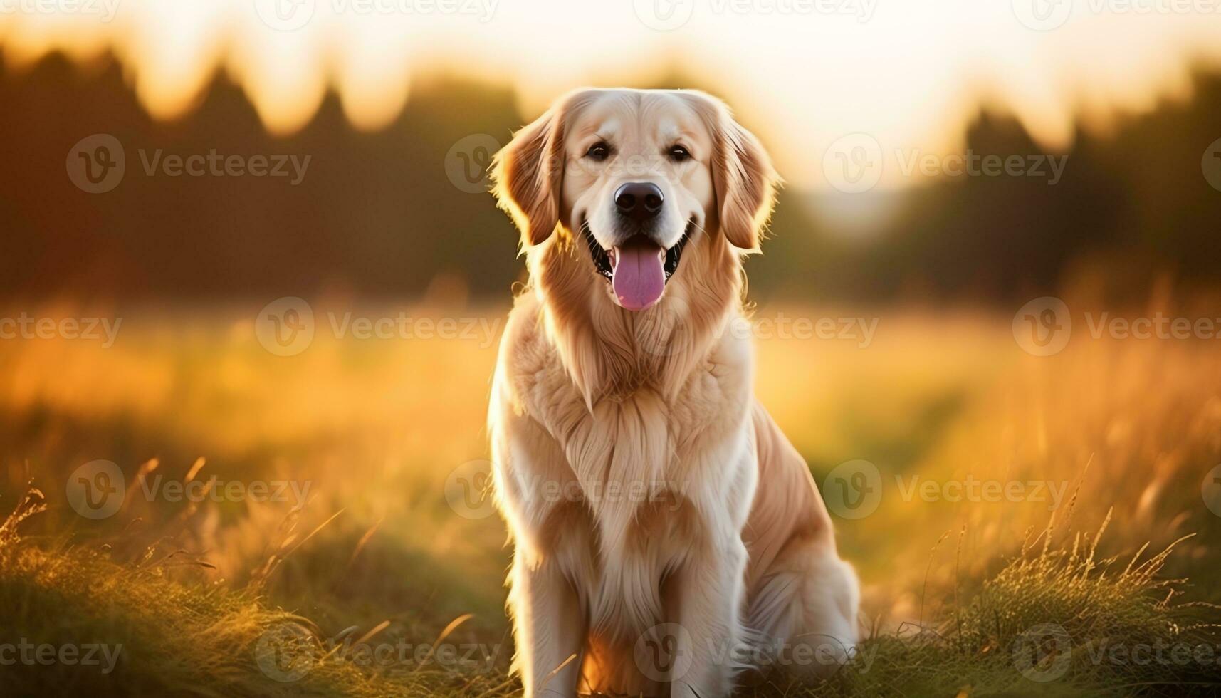 une chien est séance dans le herbe à le coucher du soleil ai généré photo