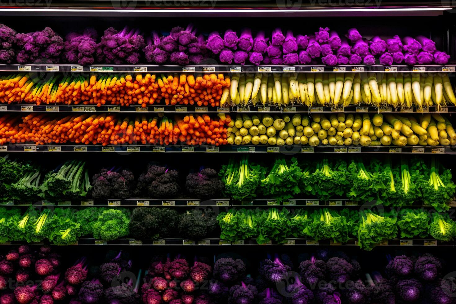 supermarché vitrine avec en bois des boites de des légumes. neural réseau ai généré photo