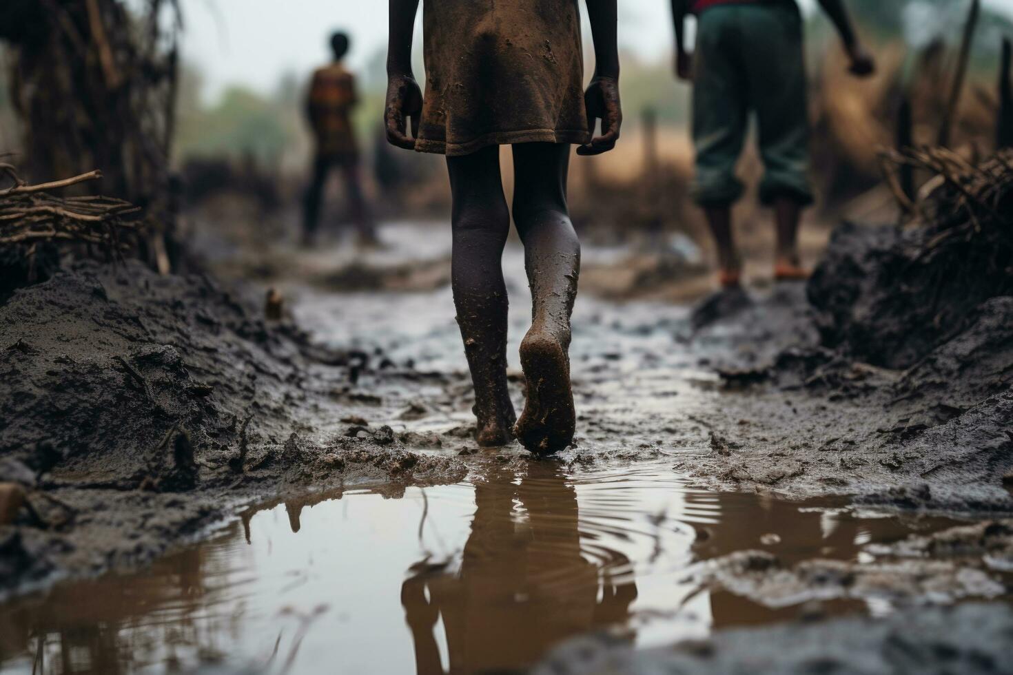 le pieds de une peau foncée enfant dans une flaque de boue. généré par artificiel intelligence photo