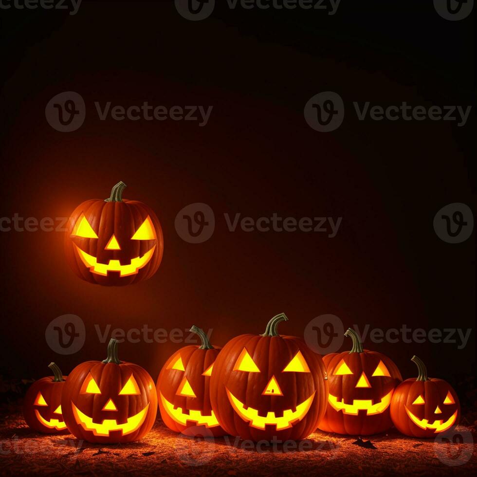 Halloween réaliste citrouille Contexte avec effrayant citrouille jack o lanterne dans une foncé de mauvaise humeur forêt ai génératif photo