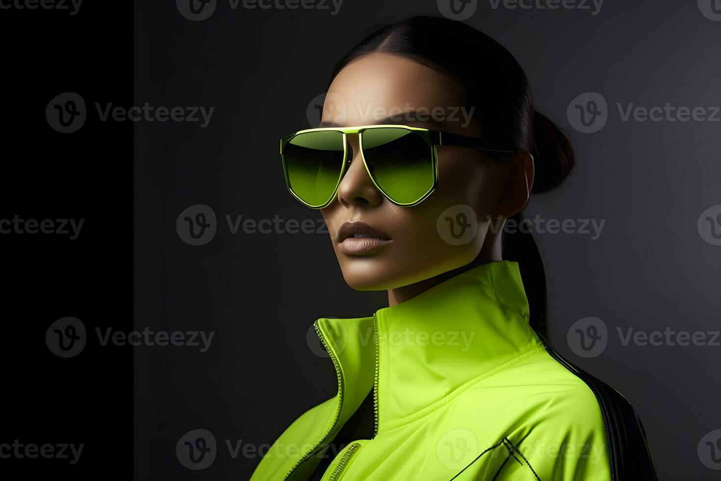 néon portrait de une fille avec lunettes. neural réseau ai généré photo