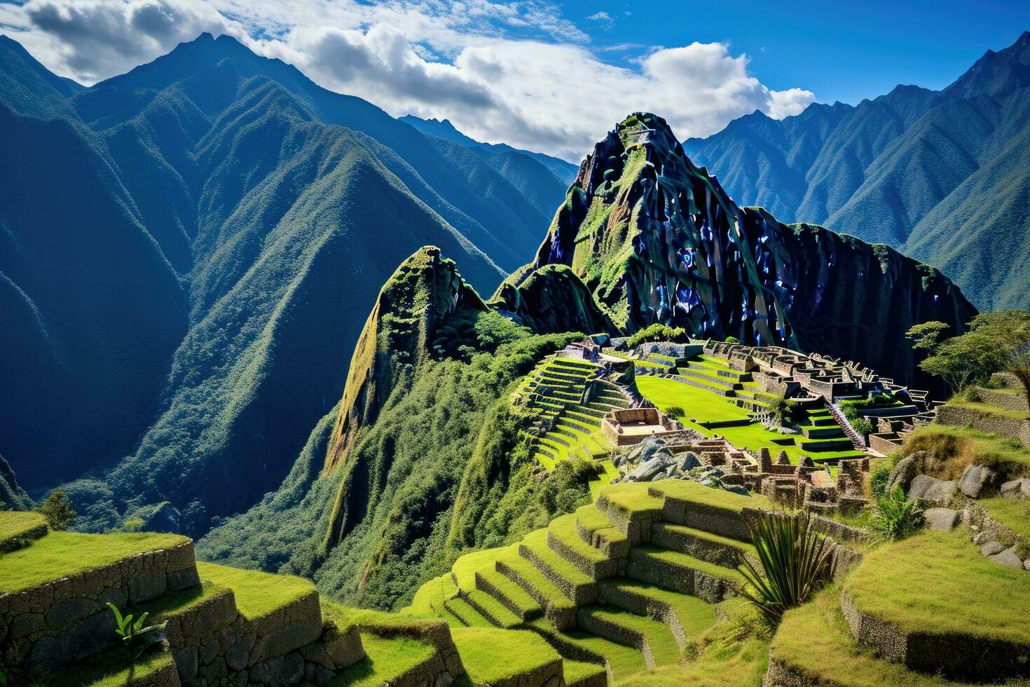panoramique vue de machu picchu, Pérou, Sud Amérique, Aperçu de machu picchu, agriculture terrasses et wayna Picchu de pointe dans le arrière-plan, ai généré photo