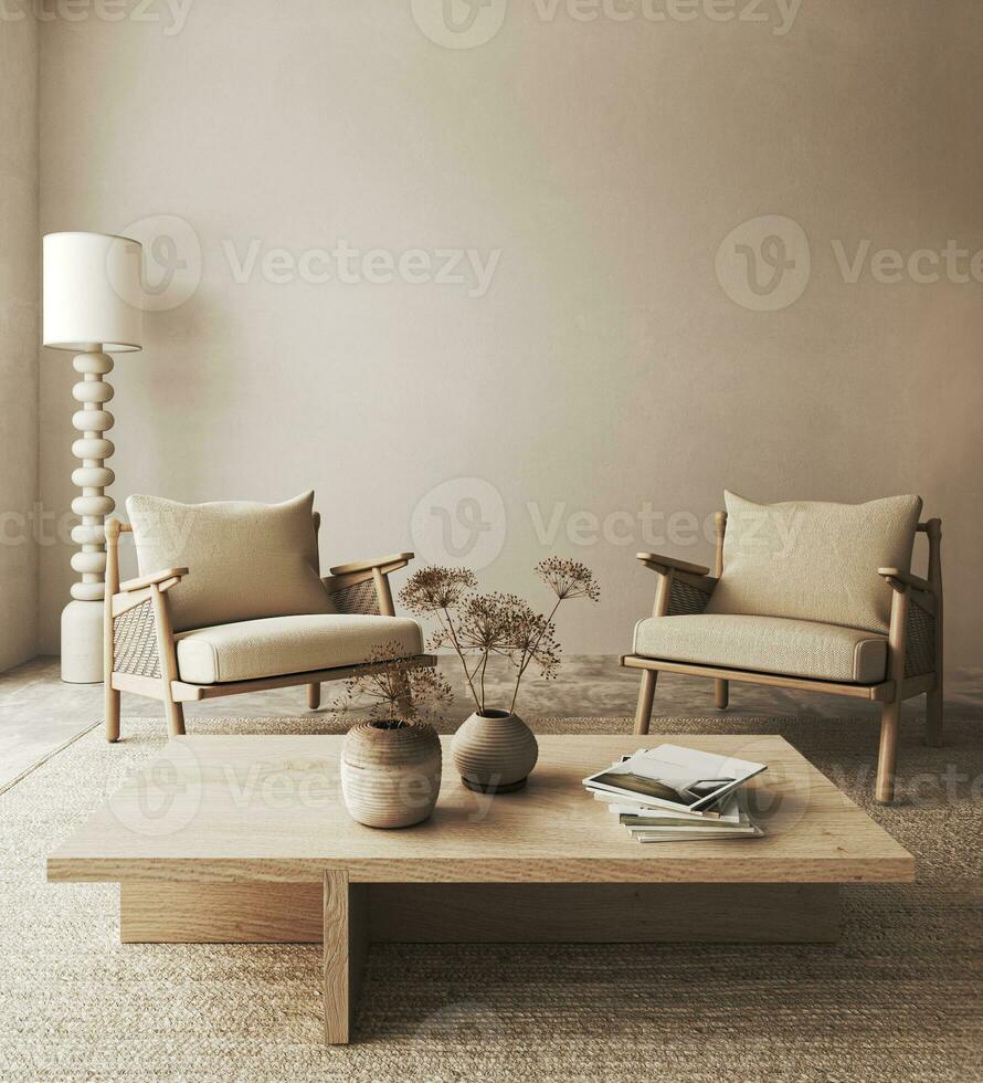 boho beige salon avec sec plante dans vase et deux fauteuil Contexte. lumière moderne Japonais la nature intérieur. 3d le rendu. haute qualité 3d illustration photo