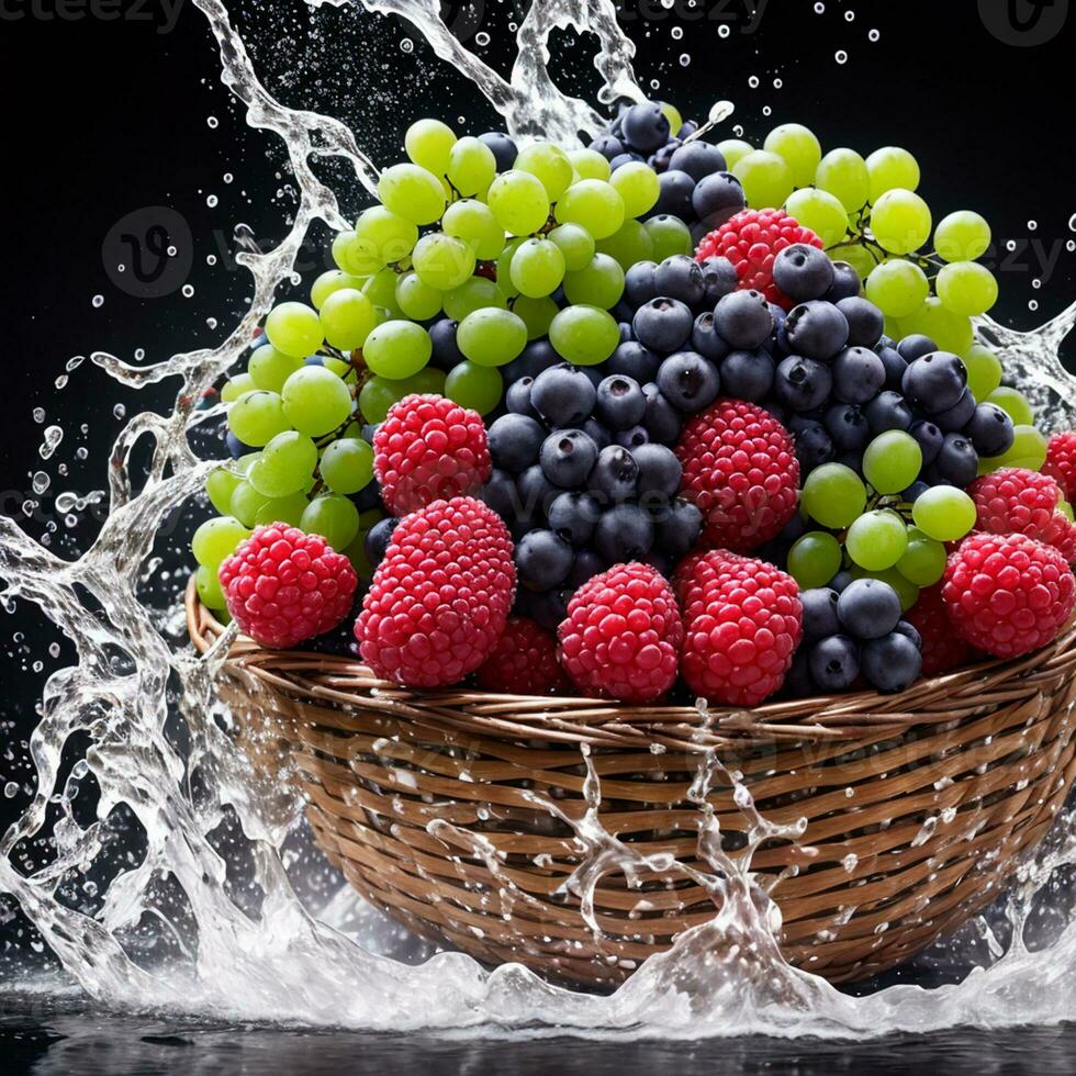 panier plein de des fruits baies et vert les raisins exploser avec énorme particules éclabousser sur le air ai génératif photo