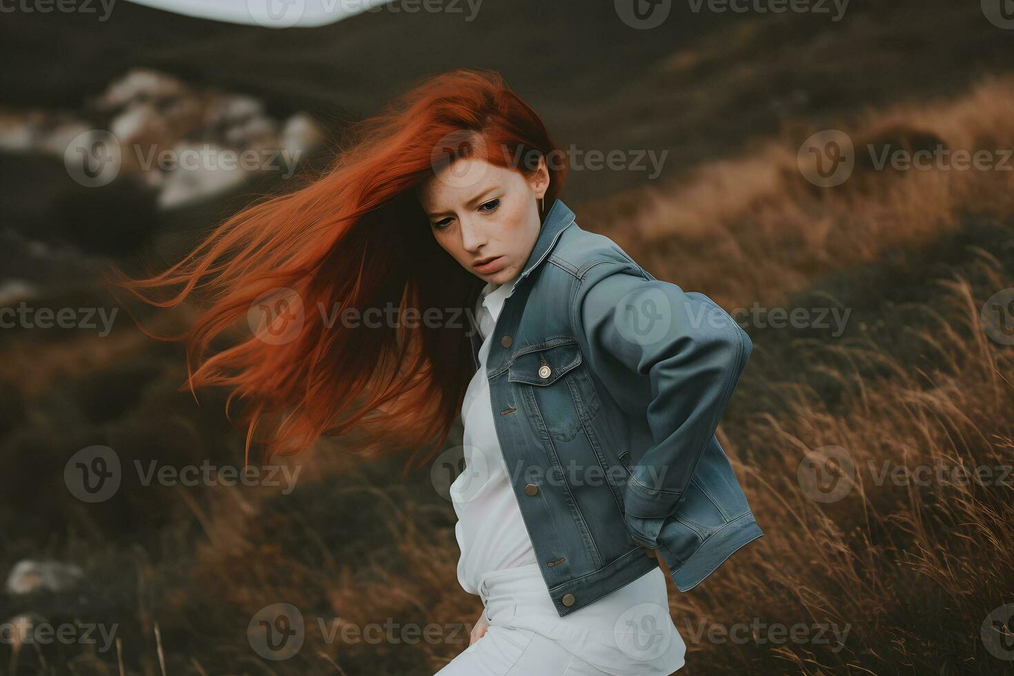 le roux fille voyages dans le montagnes. neural réseau ai généré photo