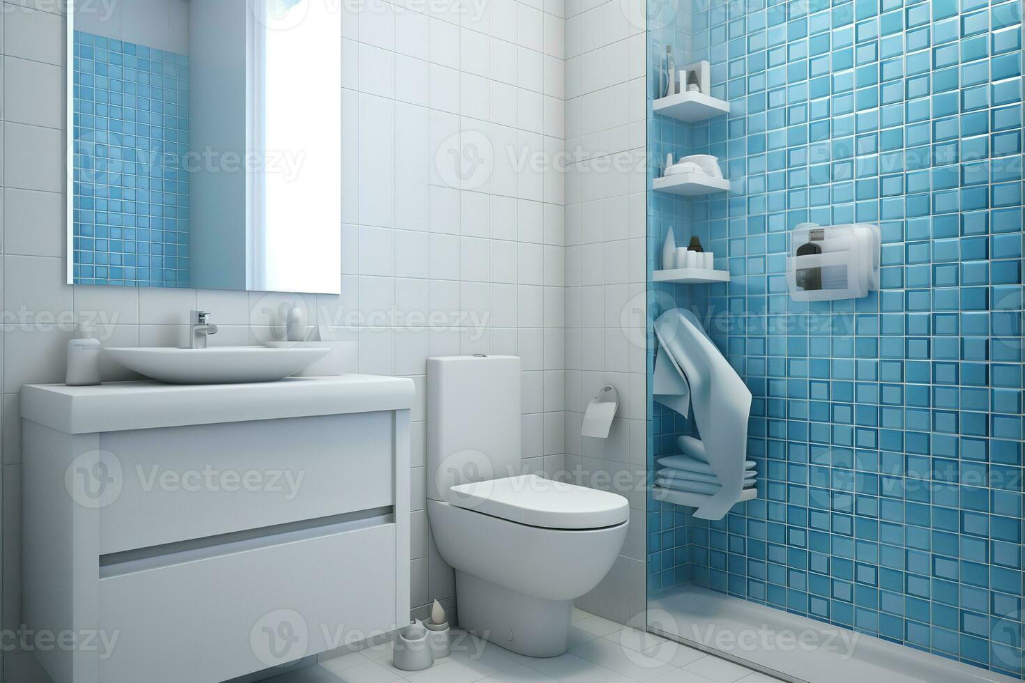 nettoyer et rangé salle de bains avec couler, toilettes, et douche, bleu carrelage ajouter une pop de couleur. moderne salle de bains conception avec simple, élégant agencements. photo