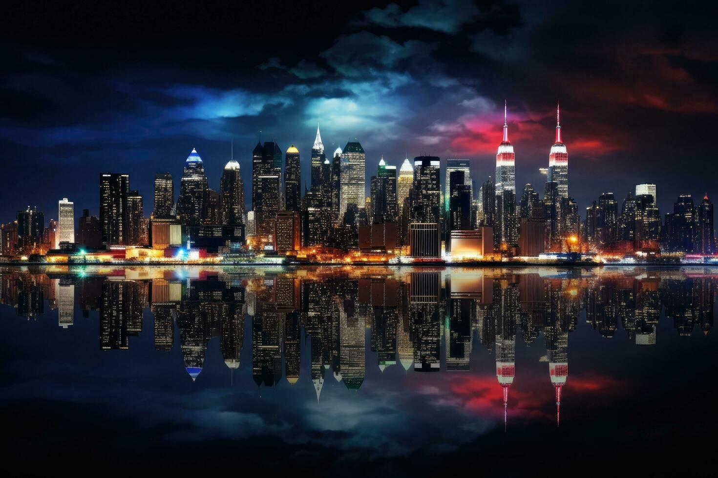 Shanghai horizon à nuit avec réflexion dans Huangpu rivière, Chine, panoramique vue sur Manhattan à nuit, Nouveau York, Etats-Unis, ai généré photo