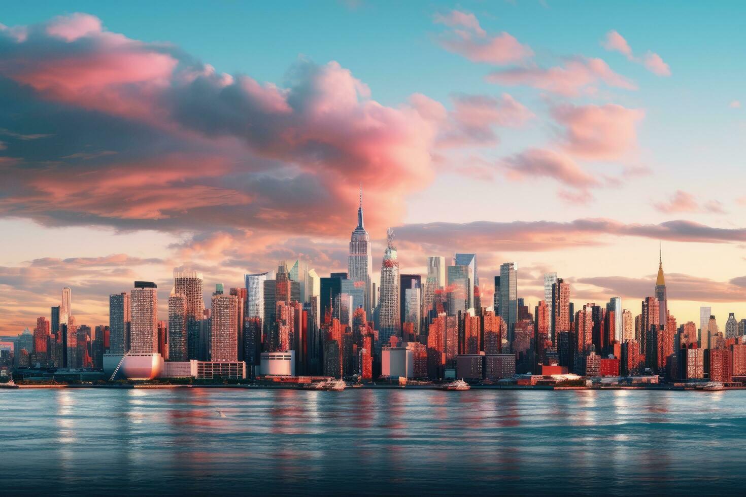 Nouveau york ville Manhattan Midtown horizon à le coucher du soleil avec grattes ciels plus de Hudson rivière, Nouveau york ville ligne d'horizon, ai généré photo