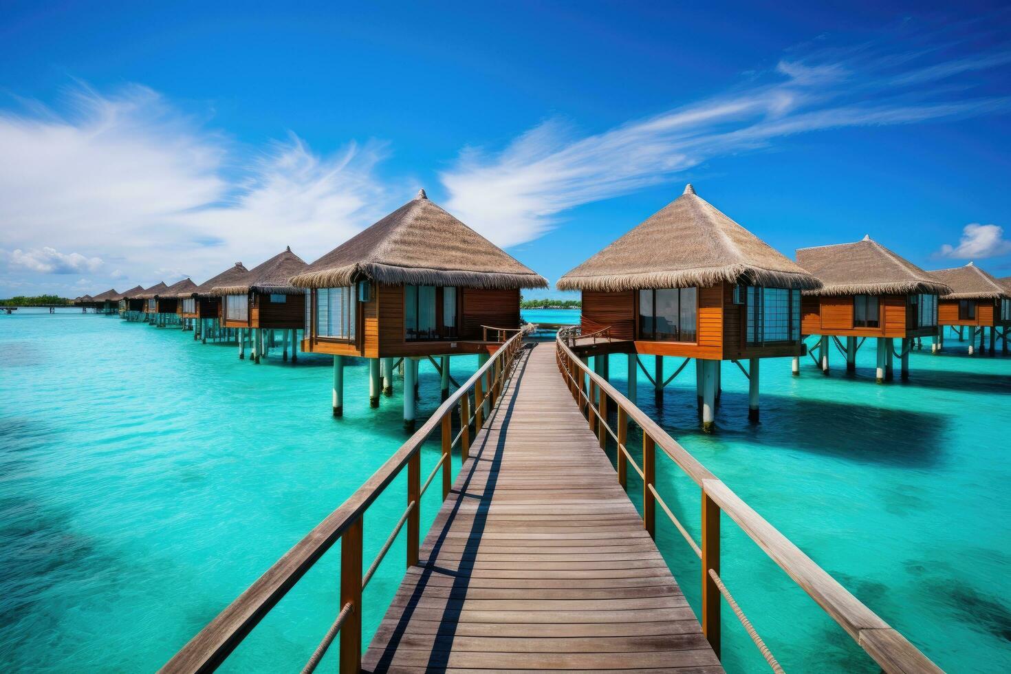 tropical plage dans Maldives avec peu paume des arbres et bleu lagune, Maldives l'eau bungalows, ai généré photo