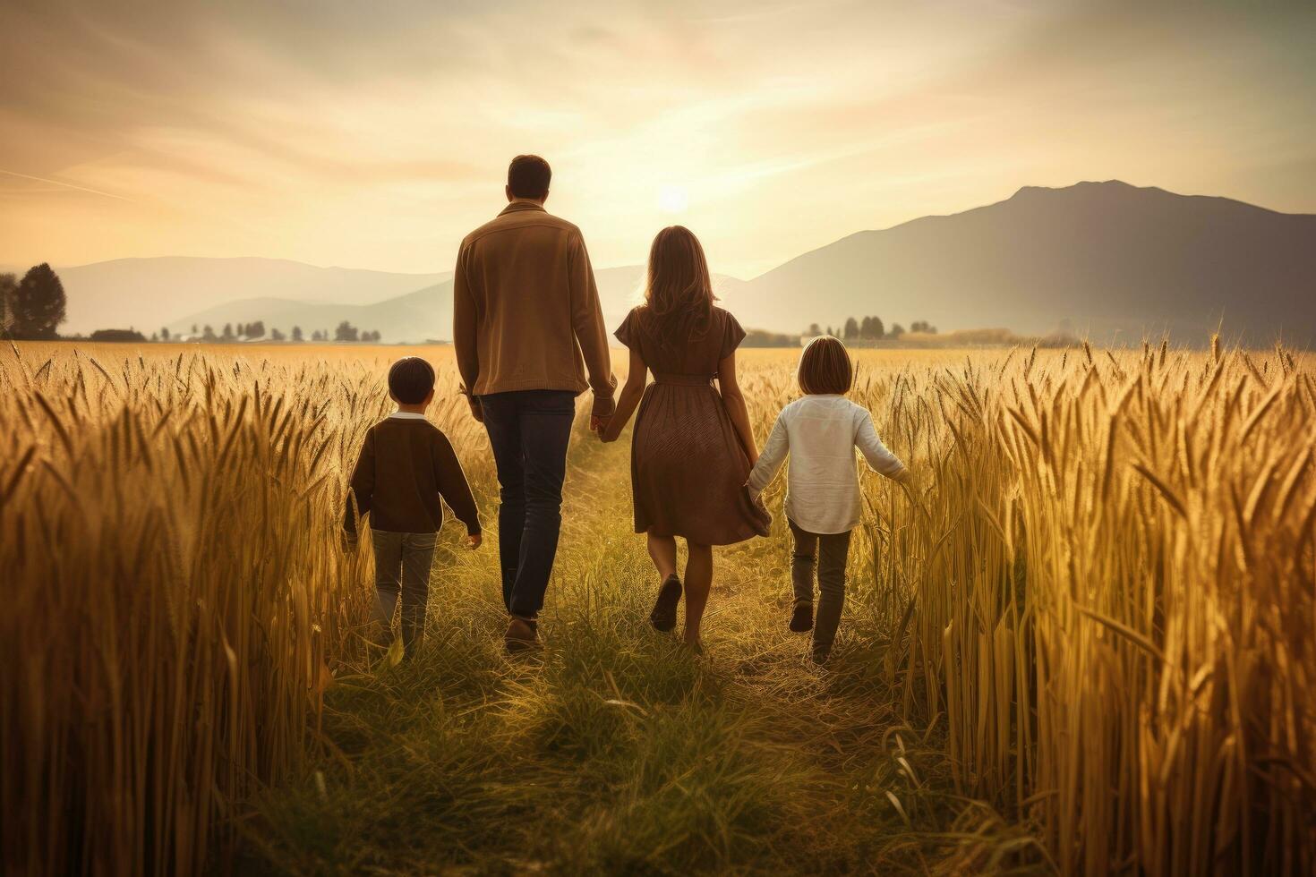 retour vue de content famille en marchant dans blé champ à magnifique coucher de soleil, arrière vue de famille en marchant sur champ la nature unité concept, ai généré photo