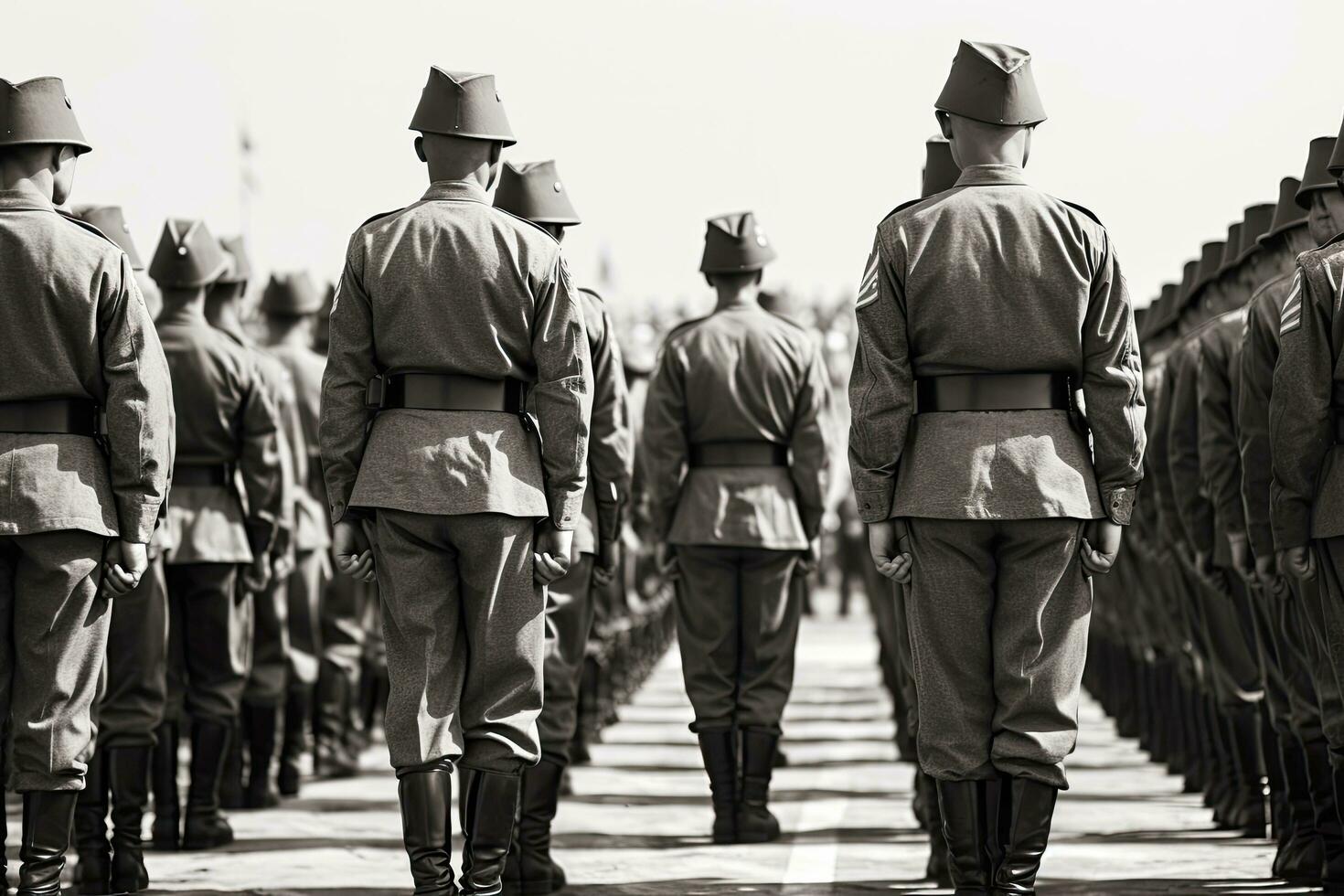 militaire parade dans Kiev, dévoué à 70e anniversaire de le la victoire dans le génial patriotique guerre. soldats dans historique uniforme pendant historique reconstitution, nous soldats, ai généré photo