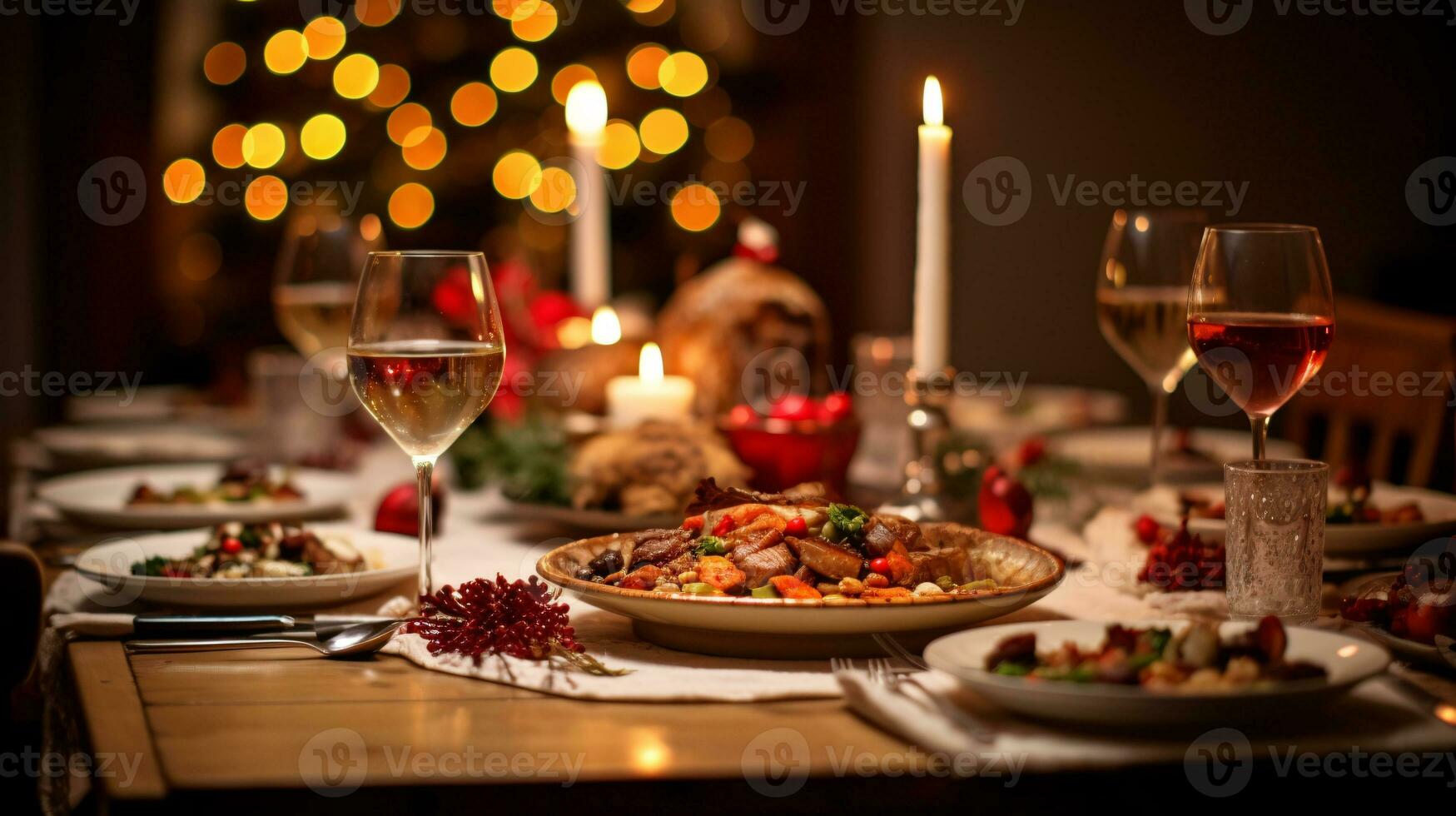 ai génératif Noël dîner dessus de la table, magnifiquement décoré avec crémeux bokeh Noël lumières dans le Contexte photo