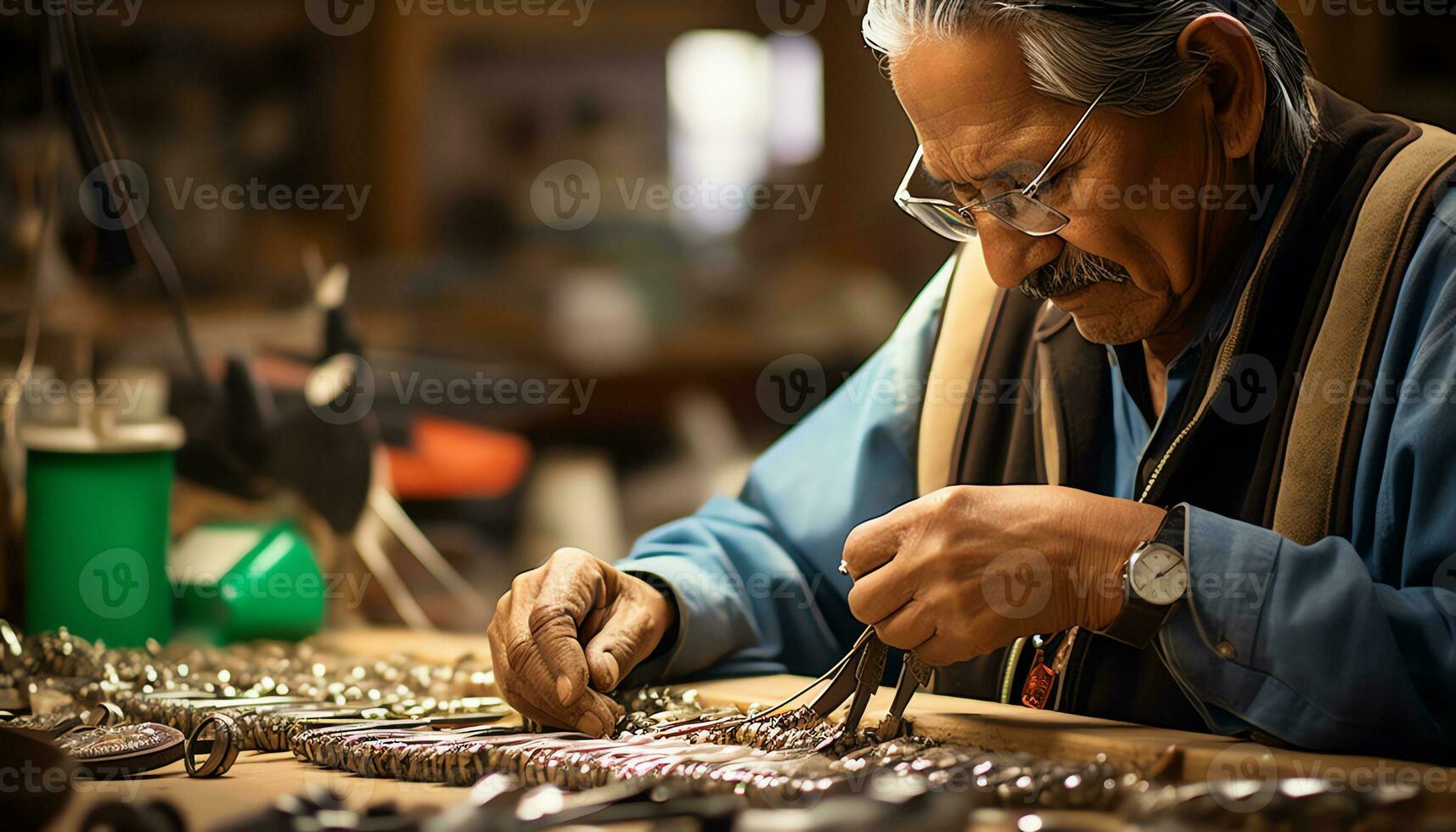 un vieux homme est tissage une couverture sur une métier à tisser ai généré photo