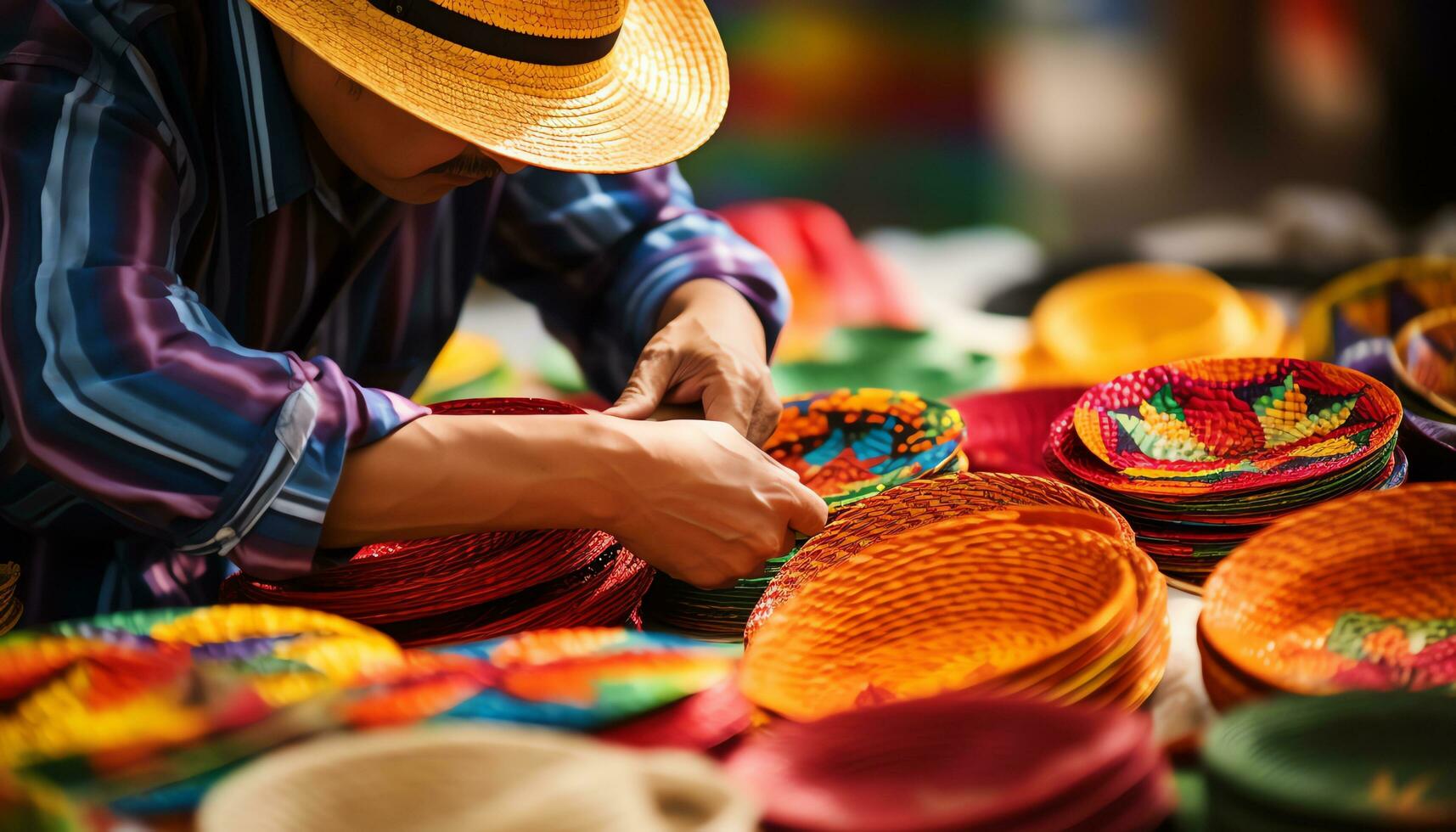 une homme dans une chapeau est travail sur une table avec coloré Chapeaux ai généré photo