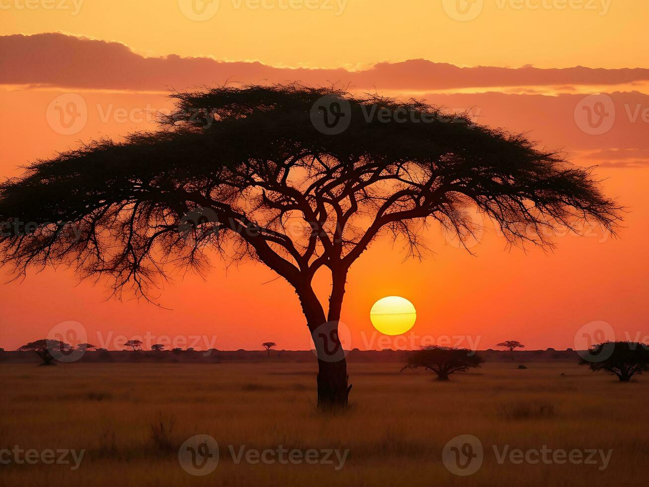 fascinant vue de le silhouette de une arbre dans le savane plaines pendant le coucher du soleil génératif ai photo