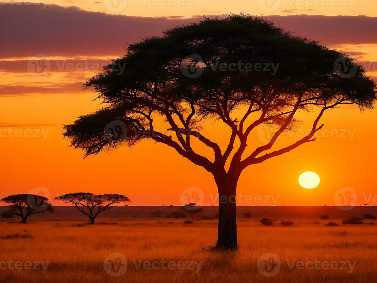 fascinant vue de le silhouette de une arbre dans le savane plaines pendant le coucher du soleil génératif ai photo