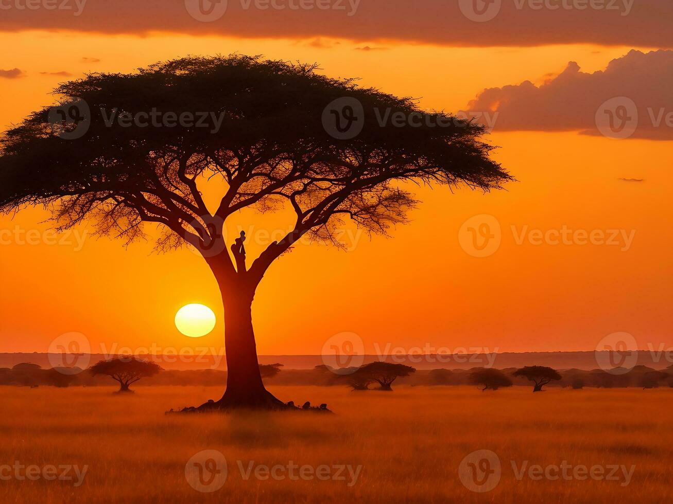 fascinant vue de le silhouette de une arbre dans le savane plaines pendant le coucher du soleil génératif ai photo