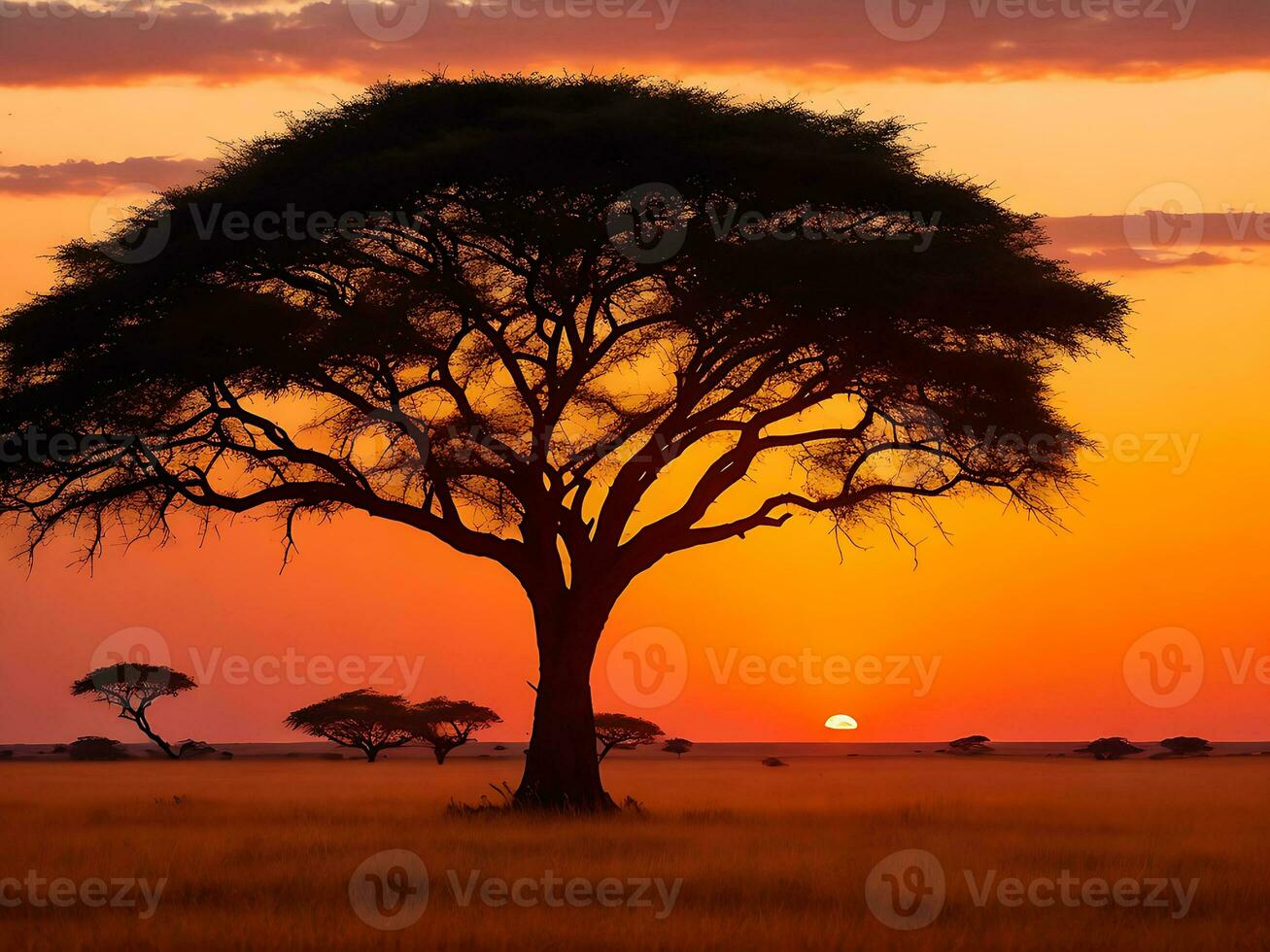 fascinant vue de le silhouette de une arbre dans le savane plaines pendant le coucher du soleil génératif ai photo