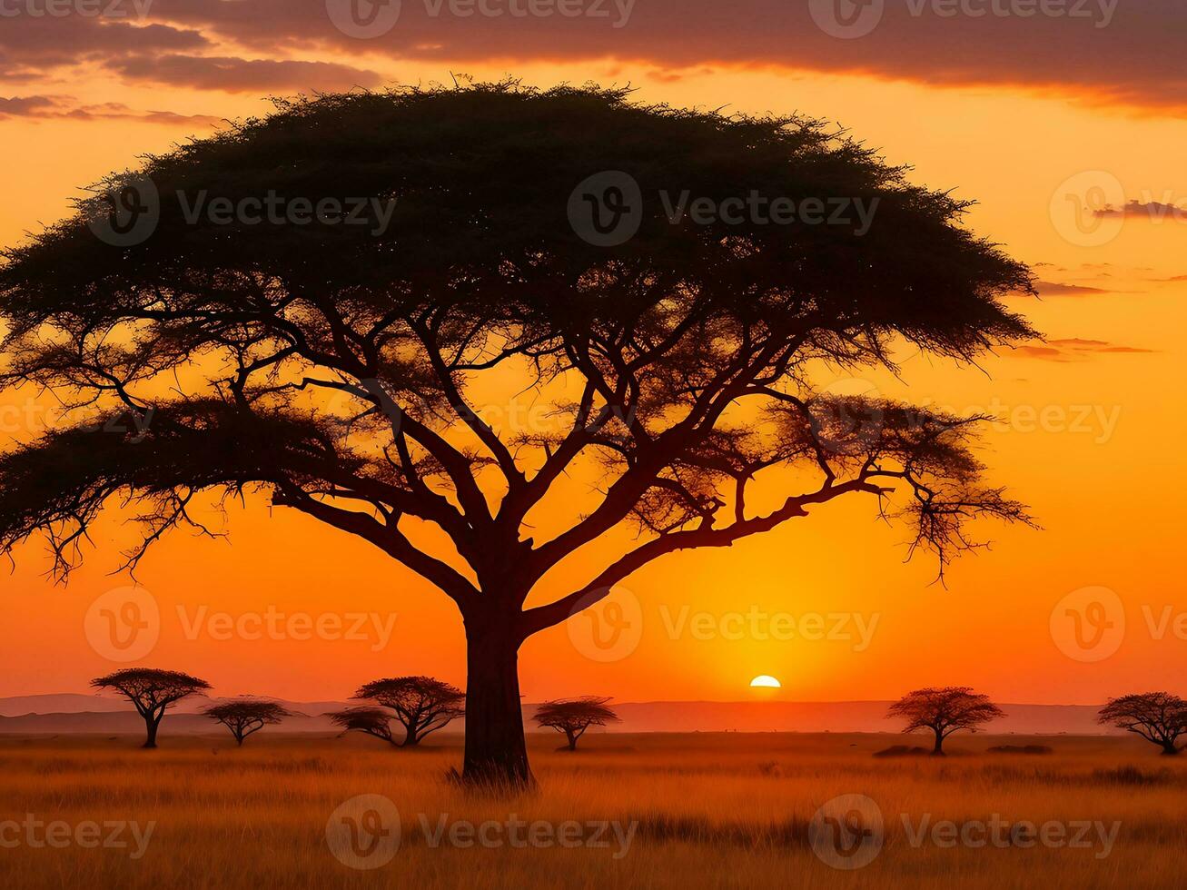 fascinant vue de le silhouette de une arbre dans le savane plaines pendant le coucher du soleil génératif ai photo