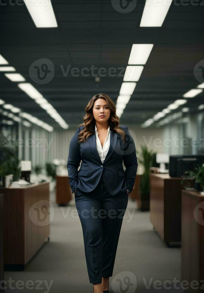 plus Taille femmes affaires ouvrier dans bureau. Dame directeur dans affaires costume plein longueur. ai génératif photo