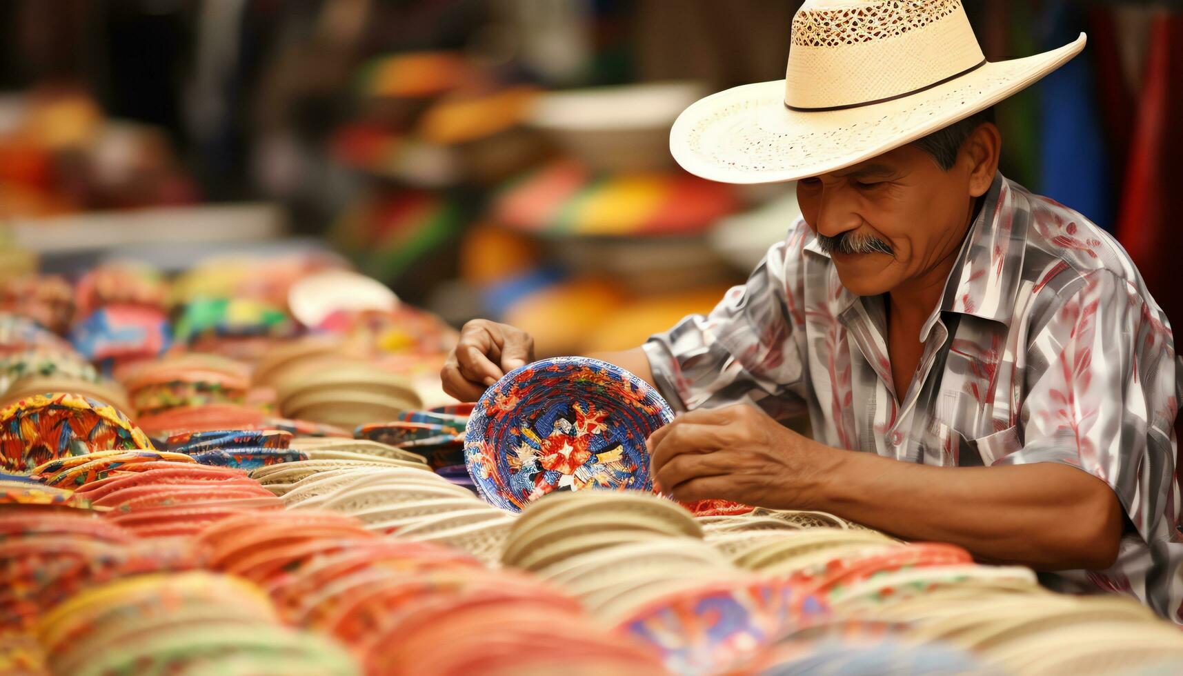 une homme dans une chapeau est vente coloré articles ai généré photo