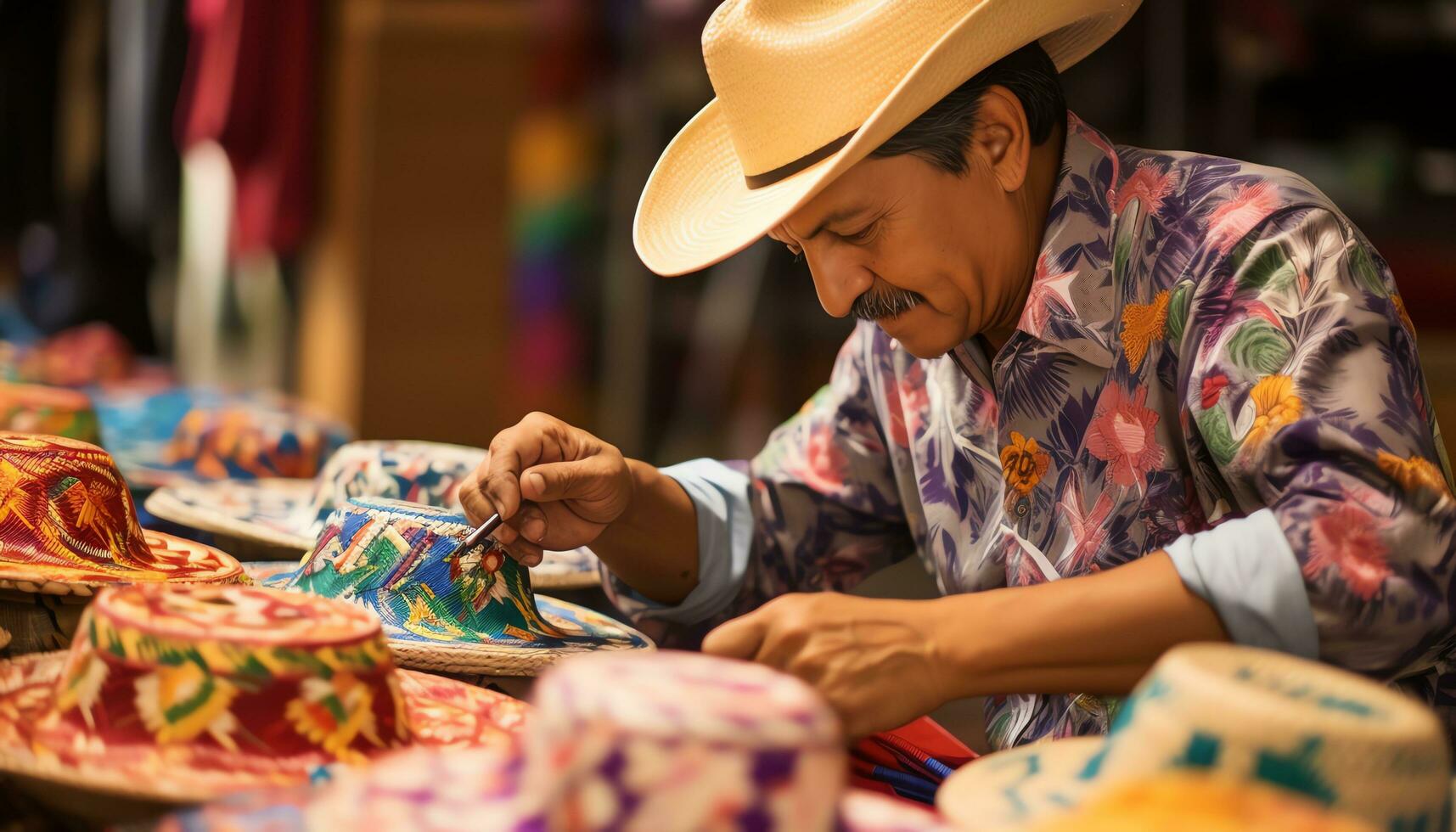 une homme dans une chapeau est vente coloré articles ai généré photo