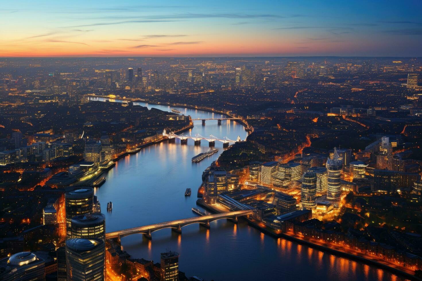 panorama de Londres à coucher de soleil, uni Royaume. vue de le tesson, panoramique vue sur Londres et Tamise à crépuscule, de la tour mariée, ai généré photo