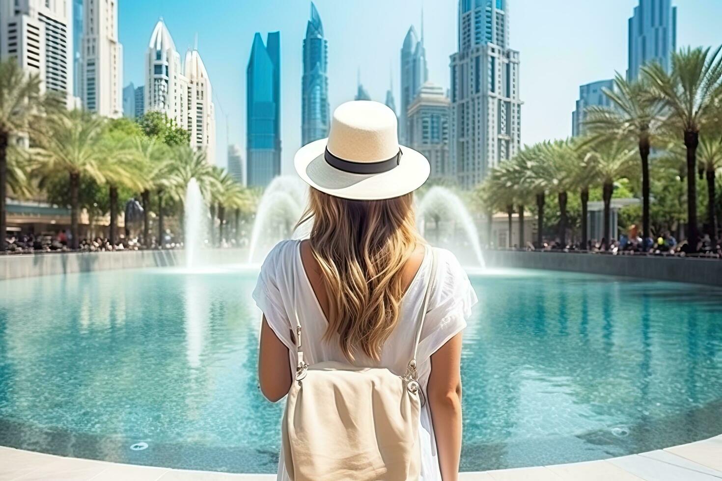 femme touristique dans Dubai, uni arabe émirats. Voyage et vacances concept, content touristique fille arrière vue en marchant près fontaines dans Dubai ville. vacances et tourisme concept, ai généré photo