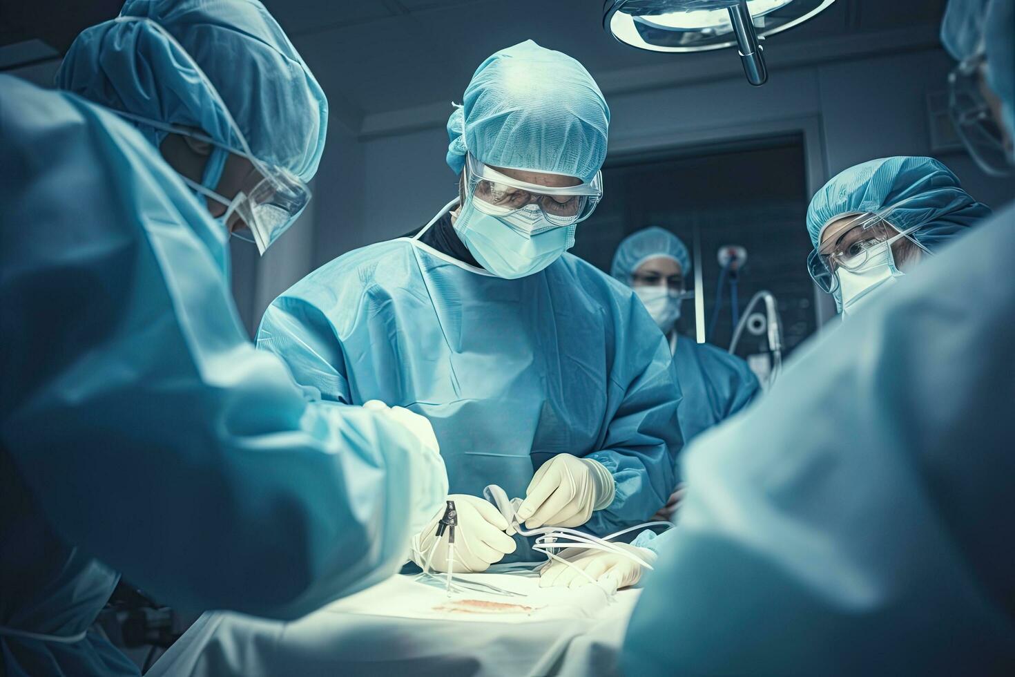 groupe de vétérinaire chirurgie dans opération pièce prendre avec art éclairage et bleu filtre, groupe de vétérinaire chirurgie dans le en fonctionnement chambre, ai généré photo