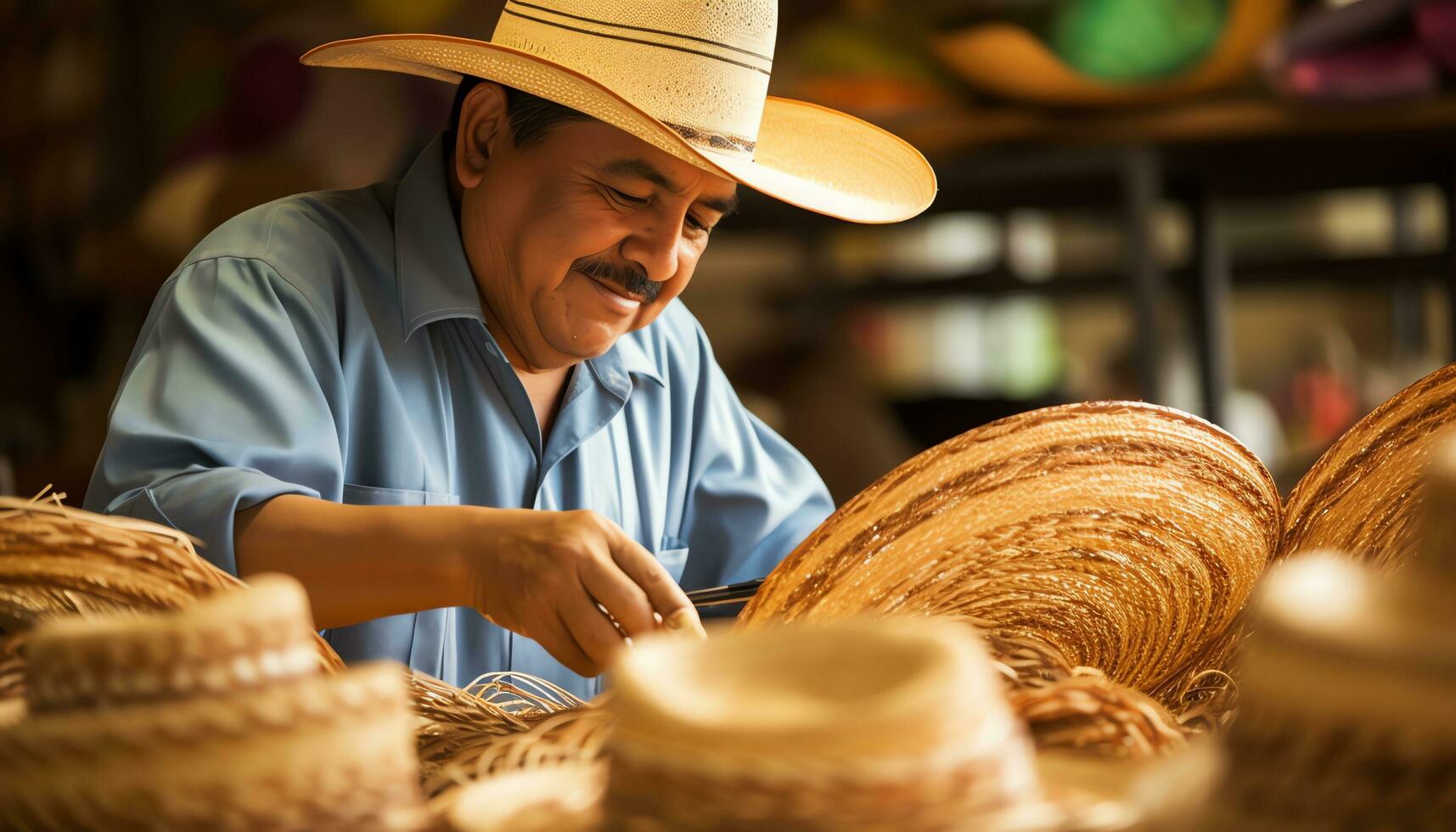 une homme dans une chapeau travail sur une chapeau ai généré photo