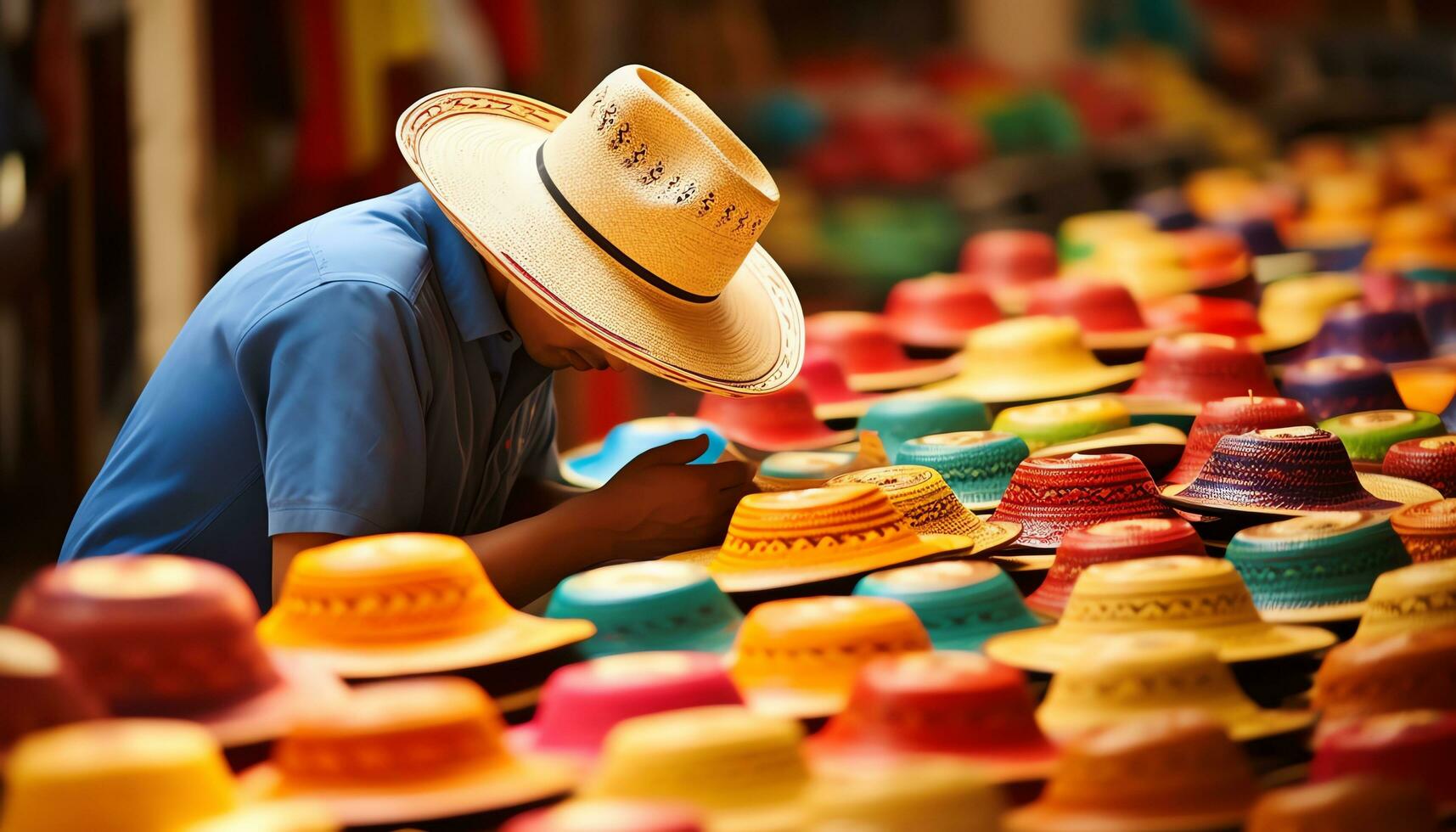 une homme dans une chapeau travail sur une chapeau ai généré photo