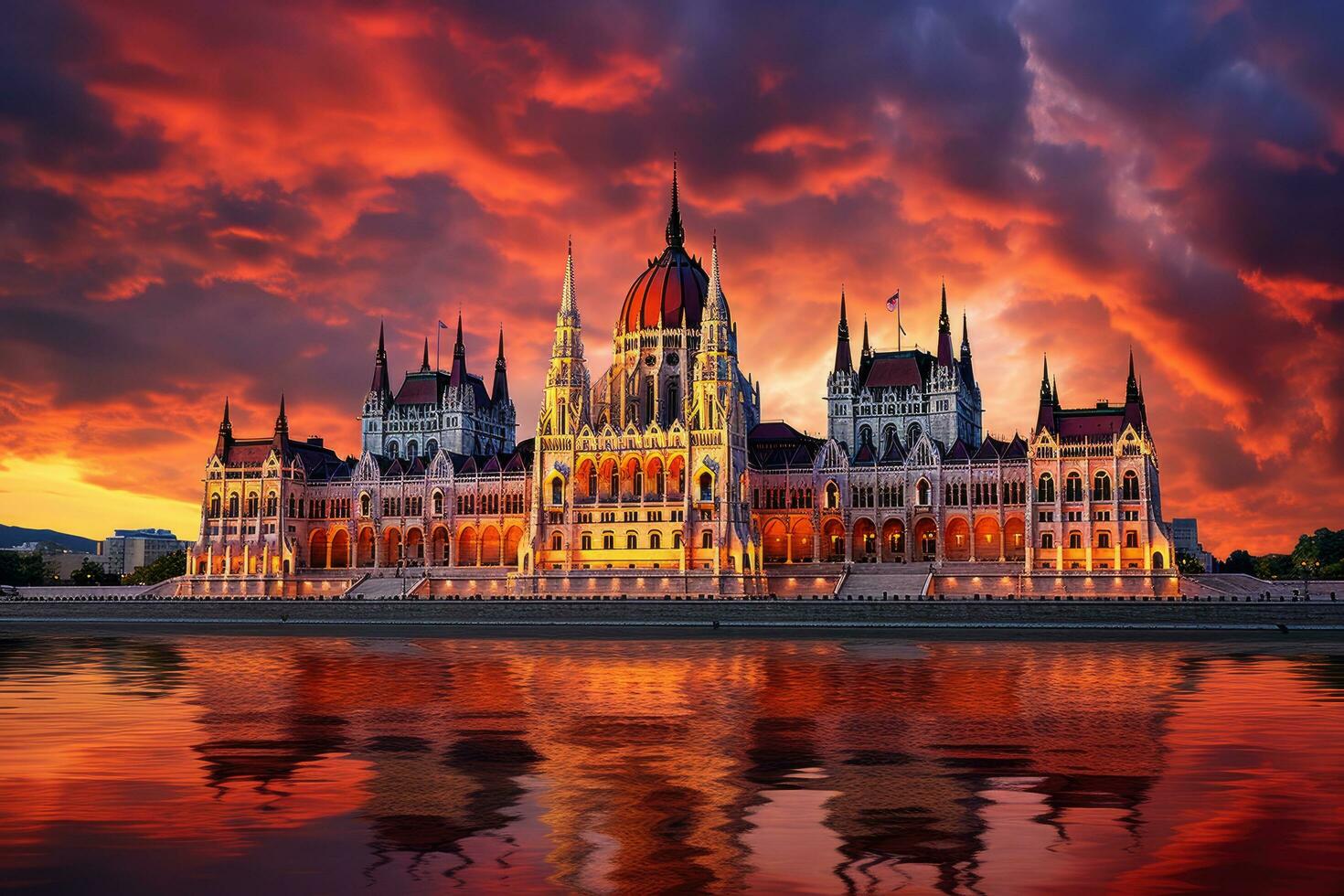 hongrois parlement bâtiment dans Budapest, Hongrie à le coucher du soleil. magnifique paysage, hongrois parlement, Budapest à coucher de soleil, ai généré photo