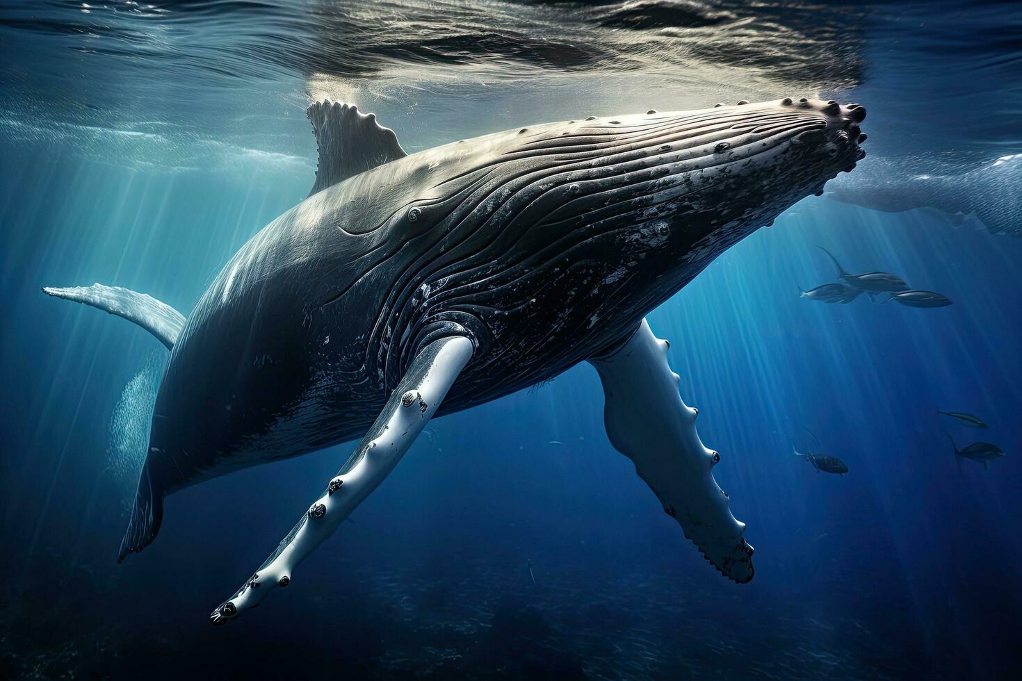 à bosse baleine nager dans Profond bleu océan. cette est une 3d rendre illustration, à bosse baleine sous-marin dans le Caraïbes, ai généré photo